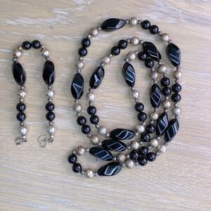 Onyx & Sterling Silver Long Beaded Necklace & Matching Bracelet